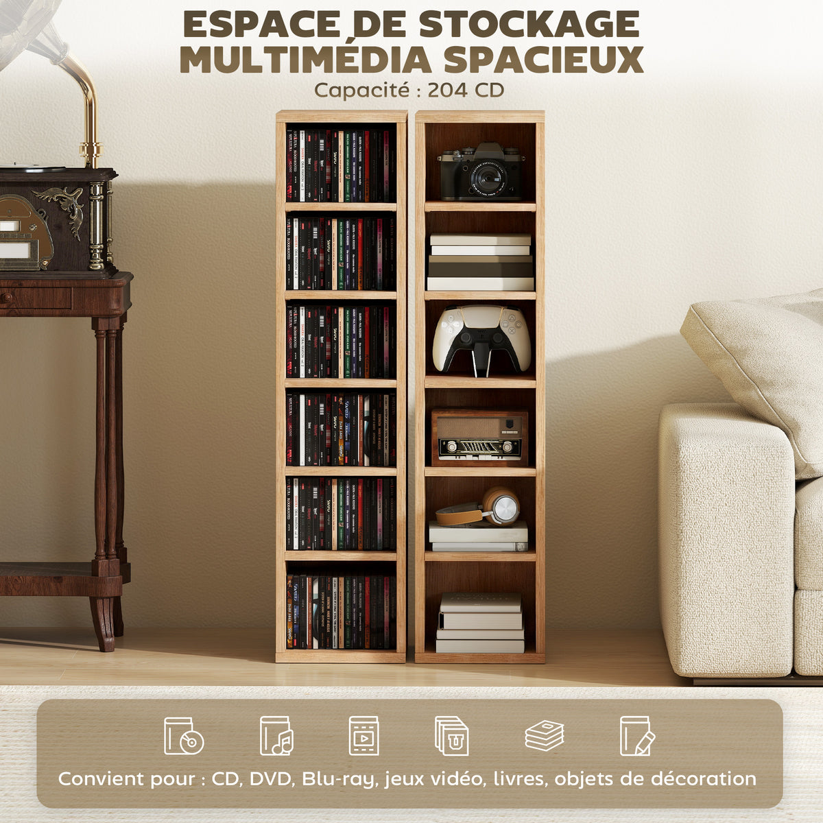 Lot de 2 étagères colonnes armoire de rangement CD-DVD 12 compartiments 21 x 22,5 x 88,5 cm capacité 204 CD bois naturel