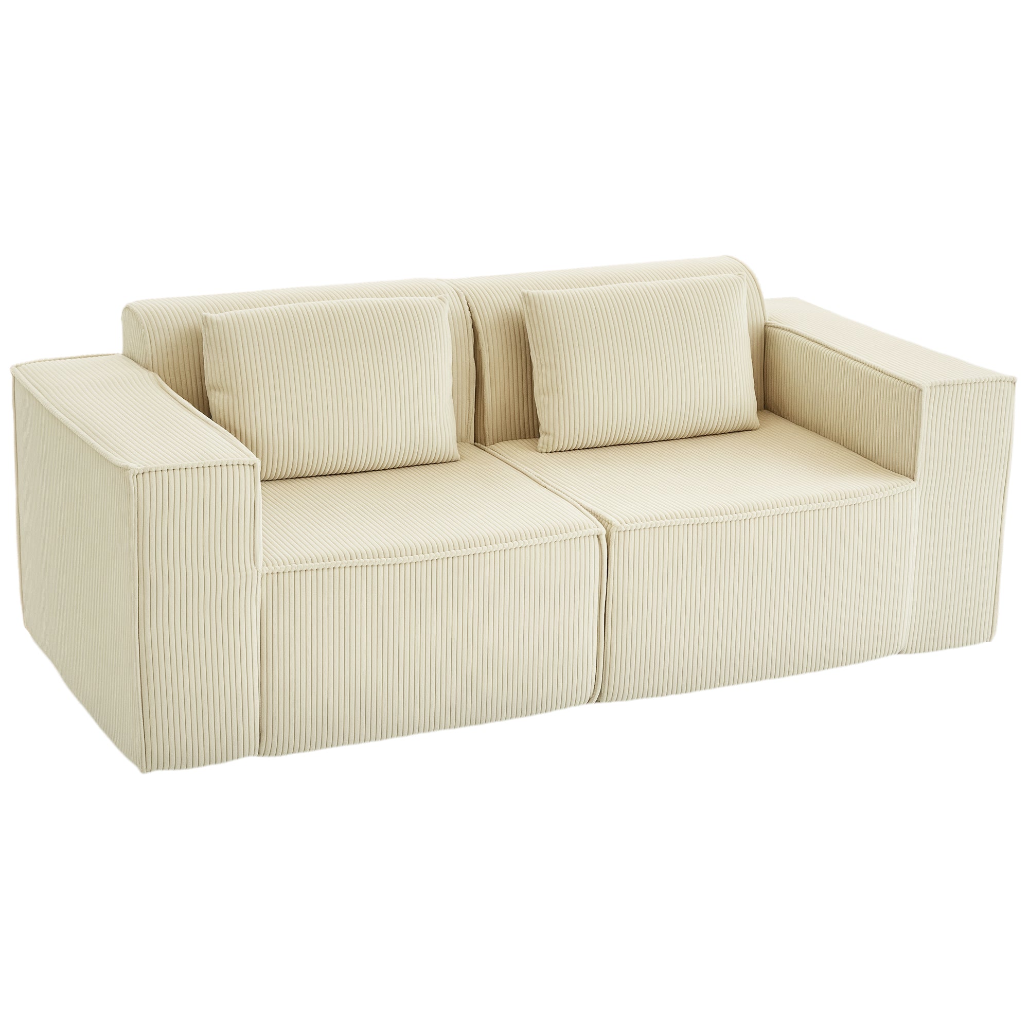 Canapé 3 places en velours côtelé, canapé rembourré, larges accoudoirs, 2 coussins, pas de montage, 202x90x76cm, beige-0