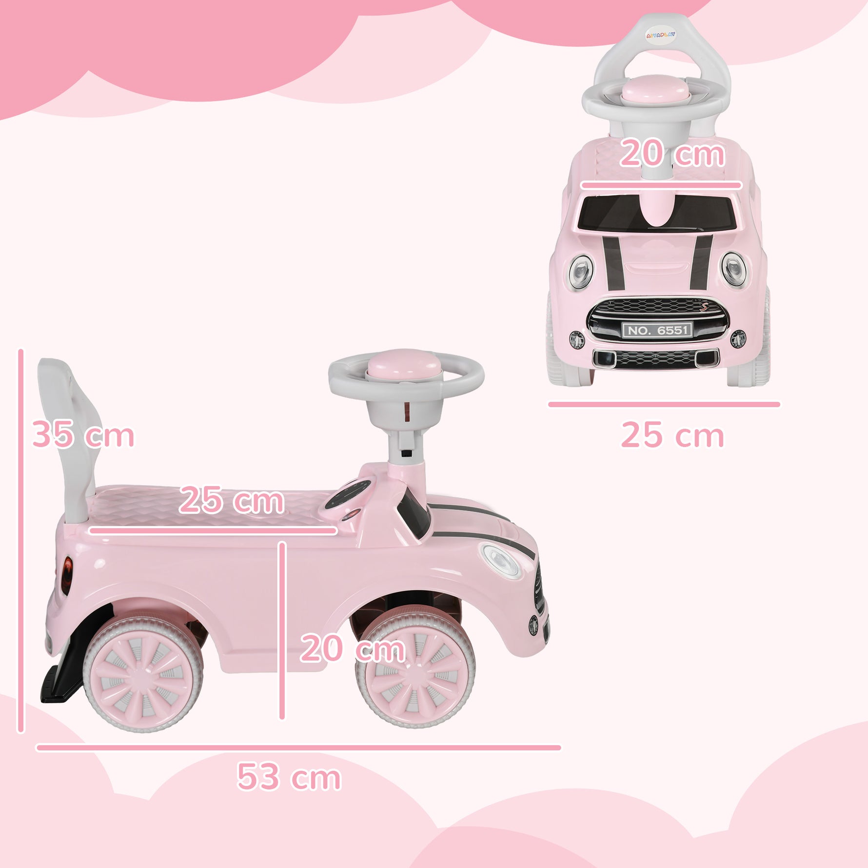 Porteur Enfants Voiture 18-36 Mois Volant klaxon et Butée Anti-bascule Charge 25 kg 53x25x35 cm Rose