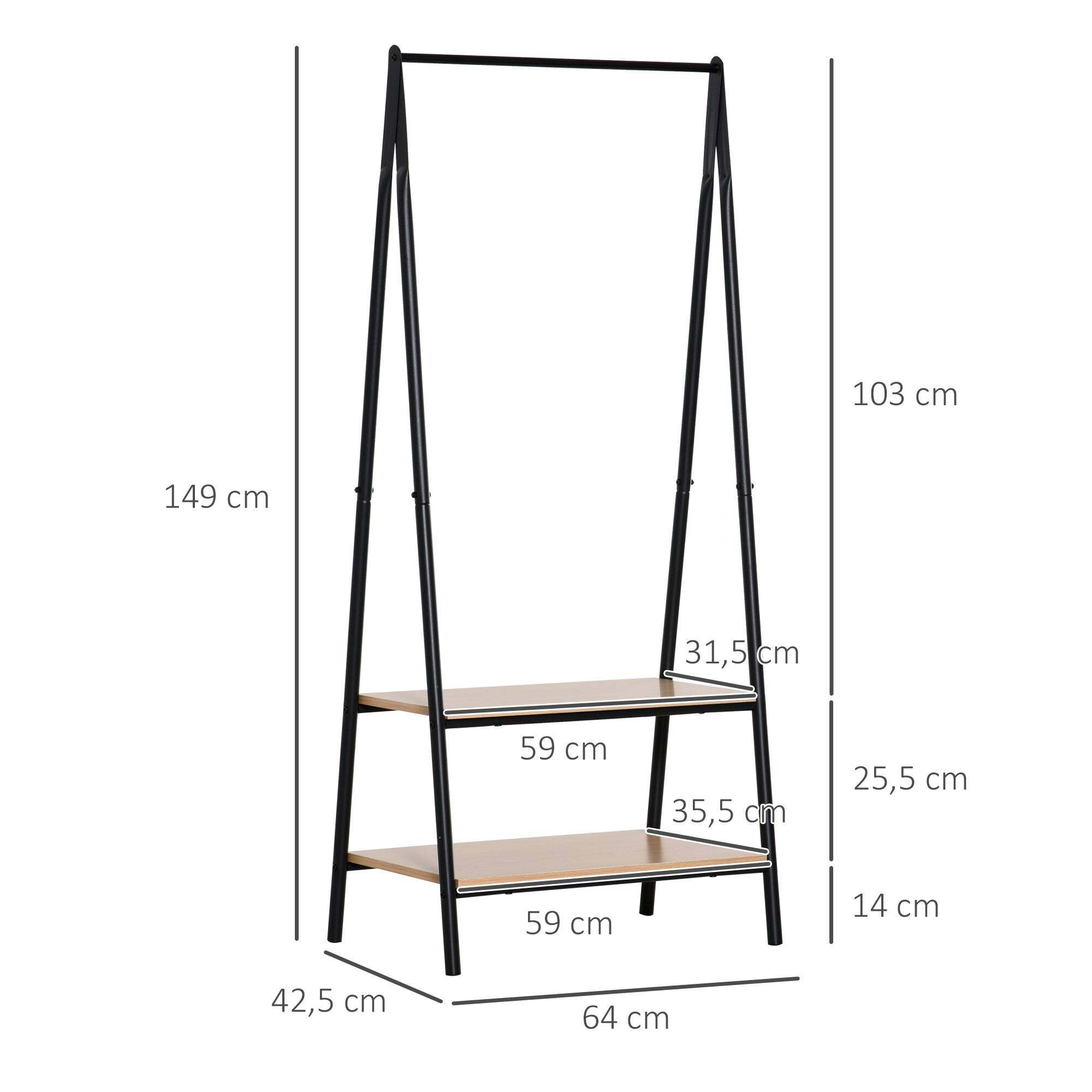 Appendiabiti stile contemporaneo triangolare dim. 64L x 43P x 149A cm 2 ripiani MDF legno chiaro acciaio nero