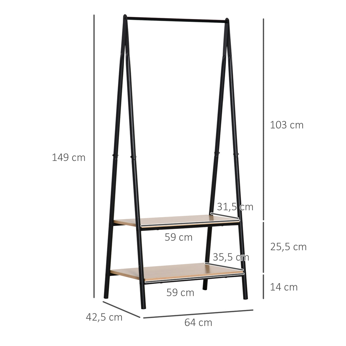 Portant à vêtements penderie style contemporain triangulaire dim. 64L x 43l x 149H cm 2 étagères MDF bois clair acier noir