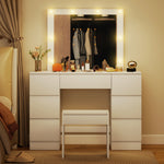 Dressing table with mirror and stool, makeup vanity with LED mirror, padded stool, 7 drawers, 110x39.5x140cm, white