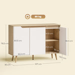 Credenza da soggiorno, mobile contenitore, 3 ante, ripiani regolabili e gambe in legno di gomma, 107x35x76,5 cm, bianco e rovere
