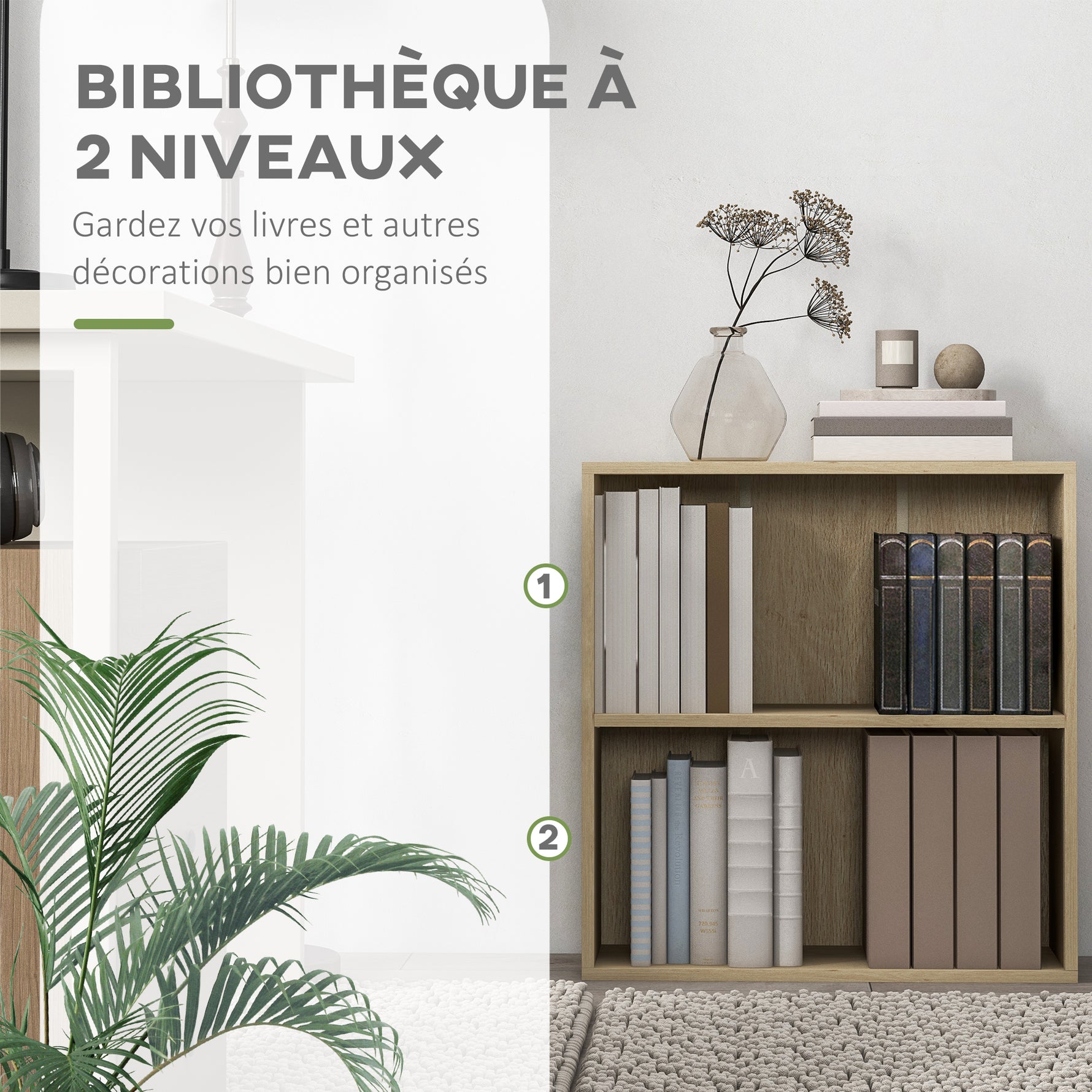 Bibliothèque étagère de rangement avec 2 compartiments et étagère réglable, 60 x 24 x 63 cm, effet bois naturel-4