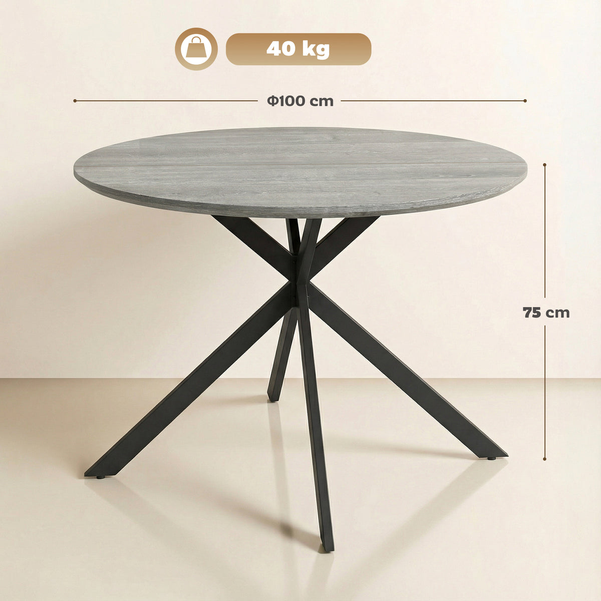 Table à Manger Ronde pour 4 Personnes 100 cm, Style Industriel avec Plateau Aspect Bois, Piètement Croisé en Acier, Gris