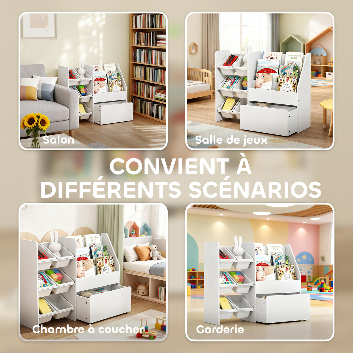 Meuble rangement enfant rangement jouet enfant 6 bacs amovibles et grand coffre à roulettes 100 x 30 x 80 cm blanc