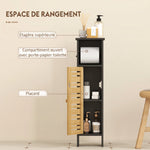 Meuble de salle de bain avec support papier toilette barre amovible 3 Niveaux + Sortie Papier, 78H cm, Bambou noir