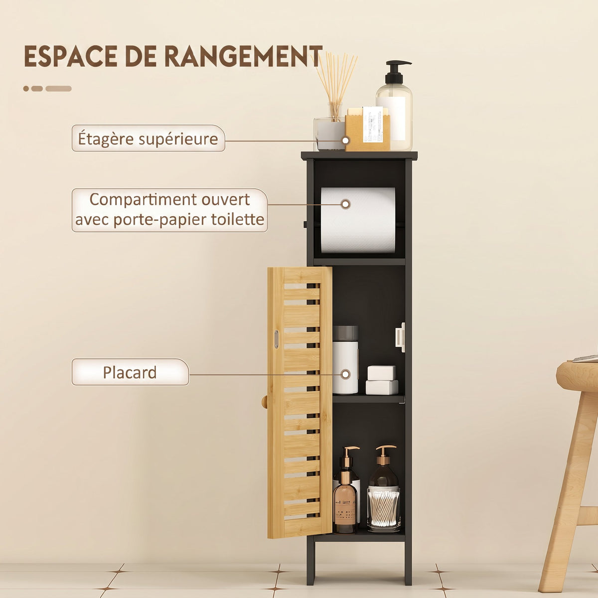 Meuble de salle de bain avec support papier toilette barre amovible 3 Niveaux + Sortie Papier, 78H cm, Bambou noir