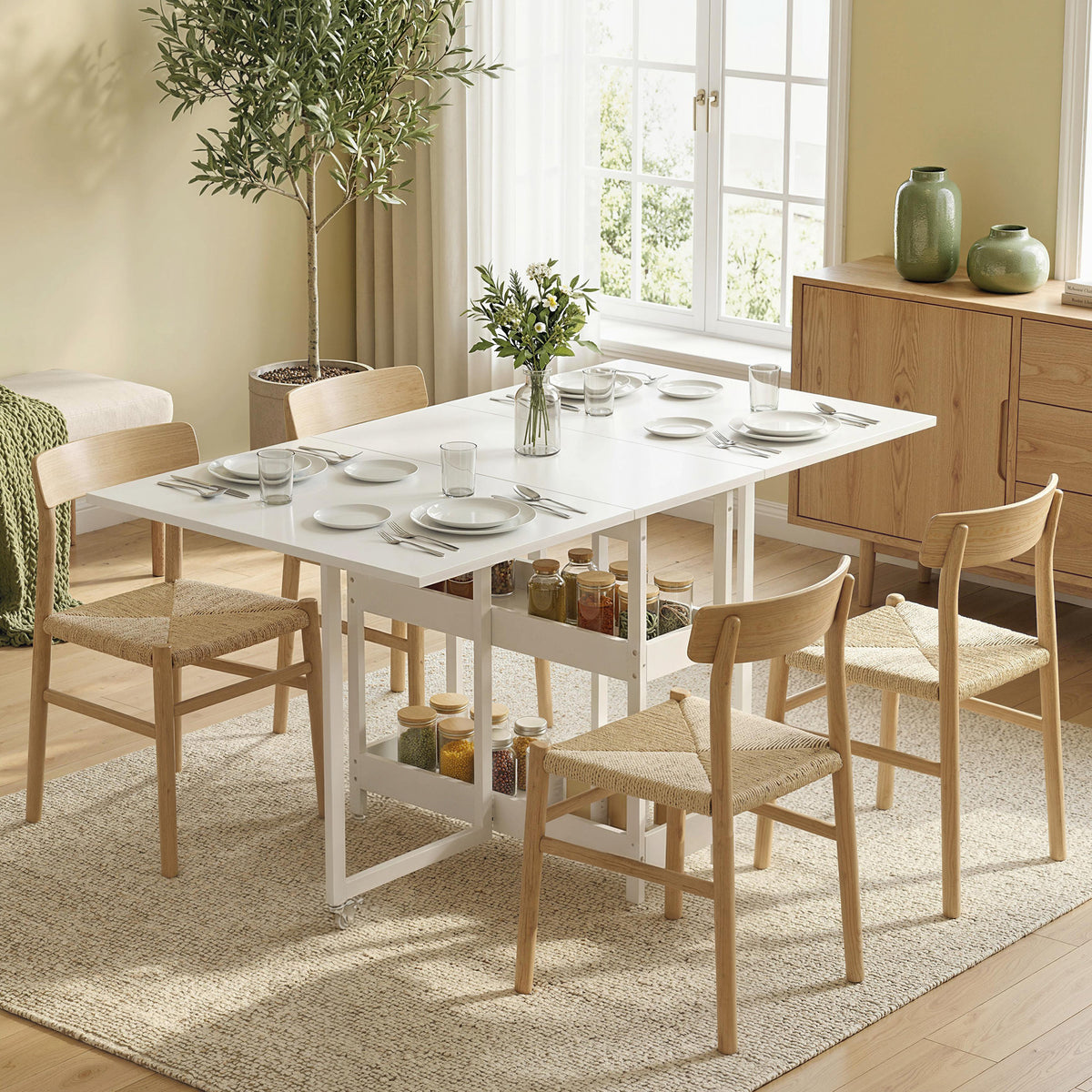 Table à manger pliante sur roulettes 4 personnes avec compartiments ouverts, pour petits espaces, salle à manger, blanc