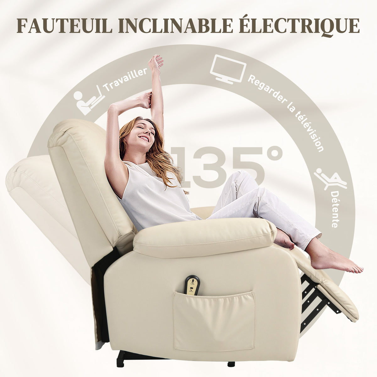 Fauteuil relax inclinable électrique releveur avec repose-pied et télécommande 86 x 92 x 102 cm Beige