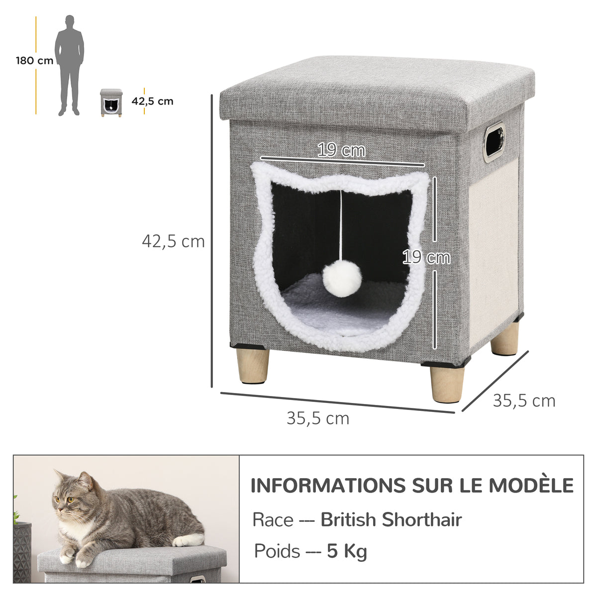 2-in-1 overdekte kattenmand voor binnen, houten poten, uitneembaar en wasbaar kussen, speelbal, 35,5x35,5x42,5cm, grijs