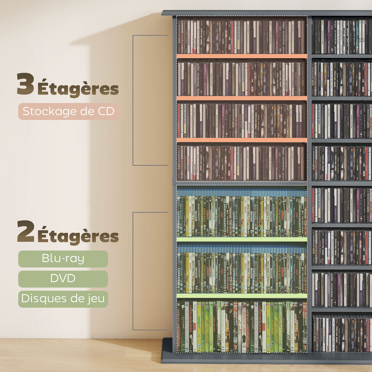 Mobile porta CD e DVD con 16 scomparti e 12 ripiani regolabili, capacità max. 720 CD/396 DVD e Blu-ray, grigio