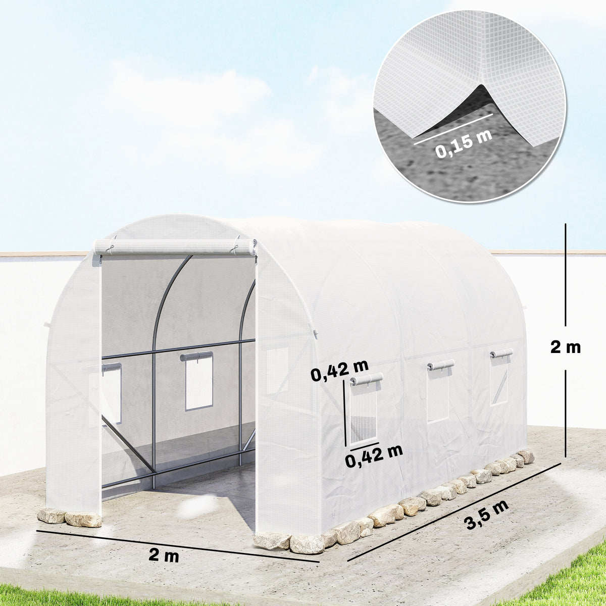 Serre tunnel de jardin 7m², serre de jardin tunnel avec porte et 6 fenêtres, bâche PE 140 g/m² 350 x 200 x 200 cm blanc