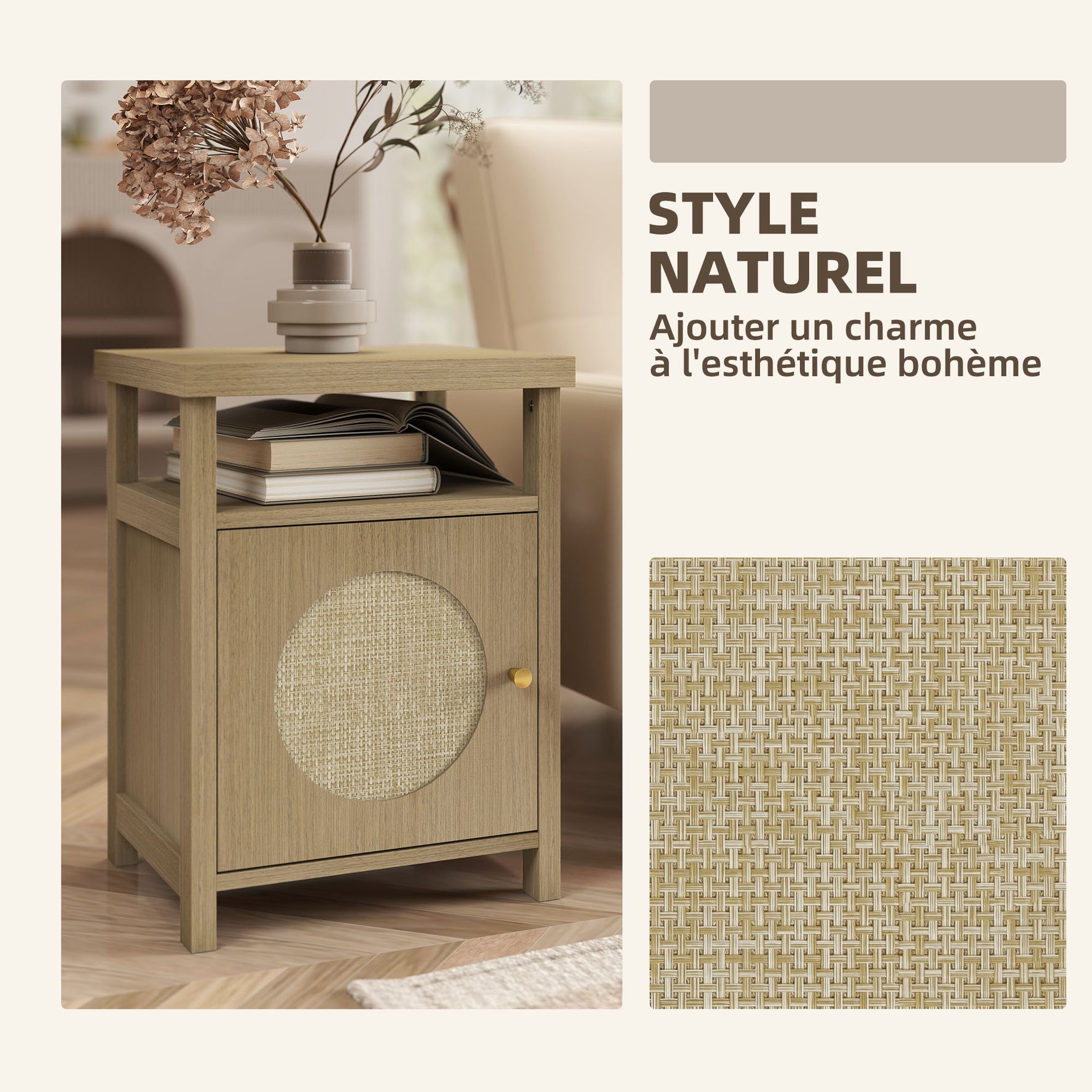 Lot de 2 tables de chevet étroite table d'appoint compartiment ouvert placard finition en rotin, 40 x 35 x 55 cm marron