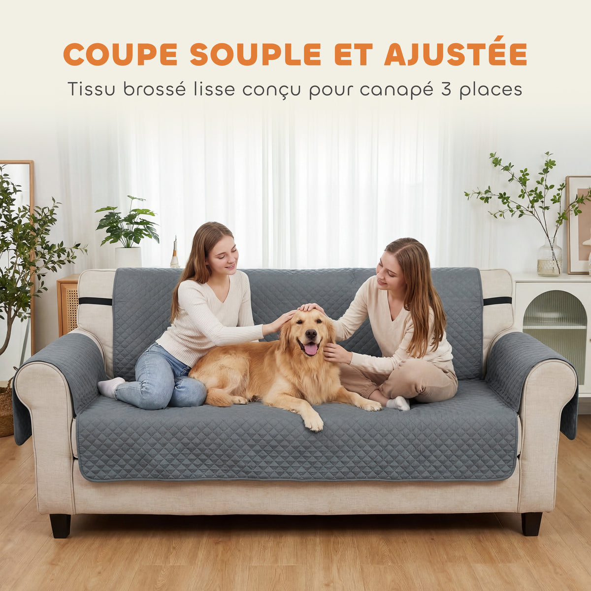 Housse de Canapé Protecteur de Meubles 3 Places Imperméable Anti-glisse avec Poches de Rangement Gris