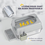 Bac à litière pour chat en acier inoxydable facile à nettoyer avec bords hauts anti-fuite d'urine, pelle inclus, gris