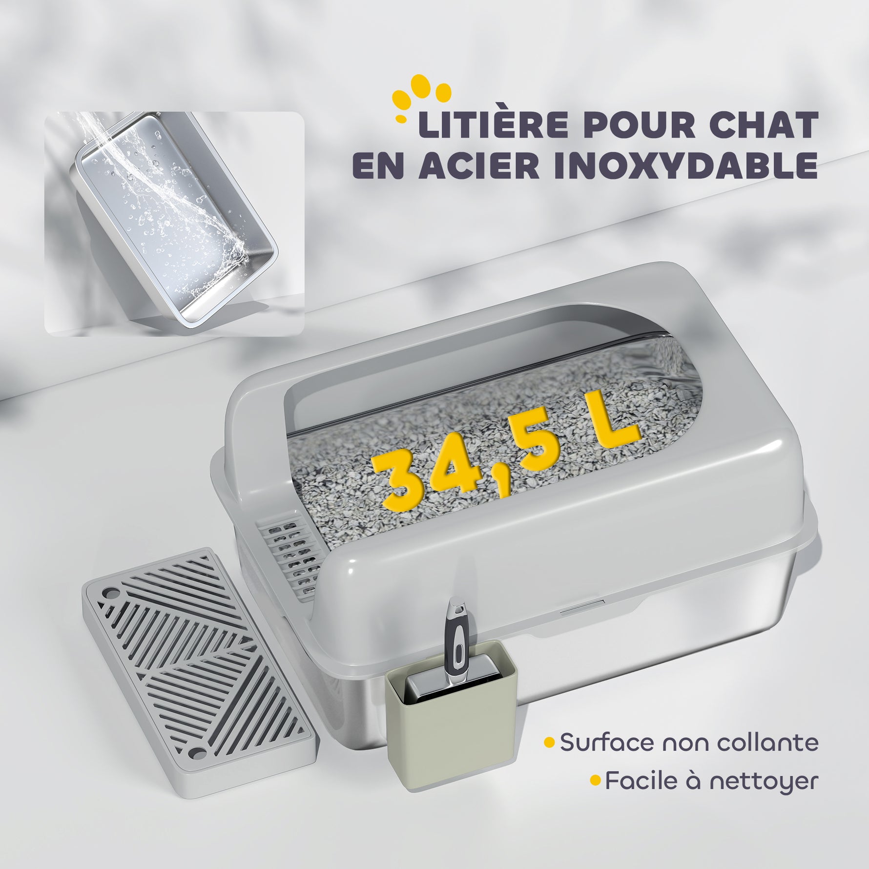 Bac à litière pour chat en acier inoxydable facile à nettoyer avec bords hauts anti-fuite d'urine, pelle inclus, gris