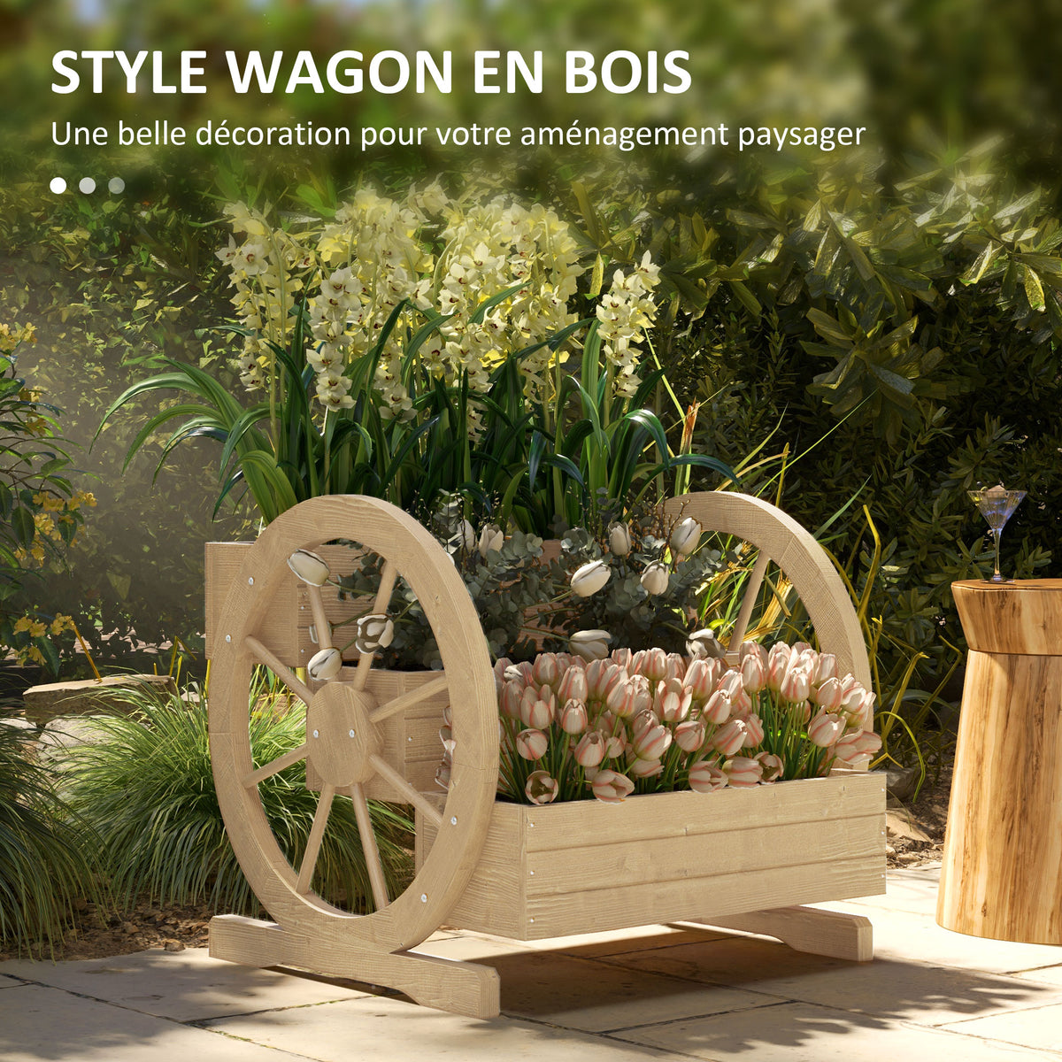 Jardinière sur Pieds carré Potager 3 étages avec 2 roues Charrette Bois Sapin, dim. 62L x 61l x 57H cm