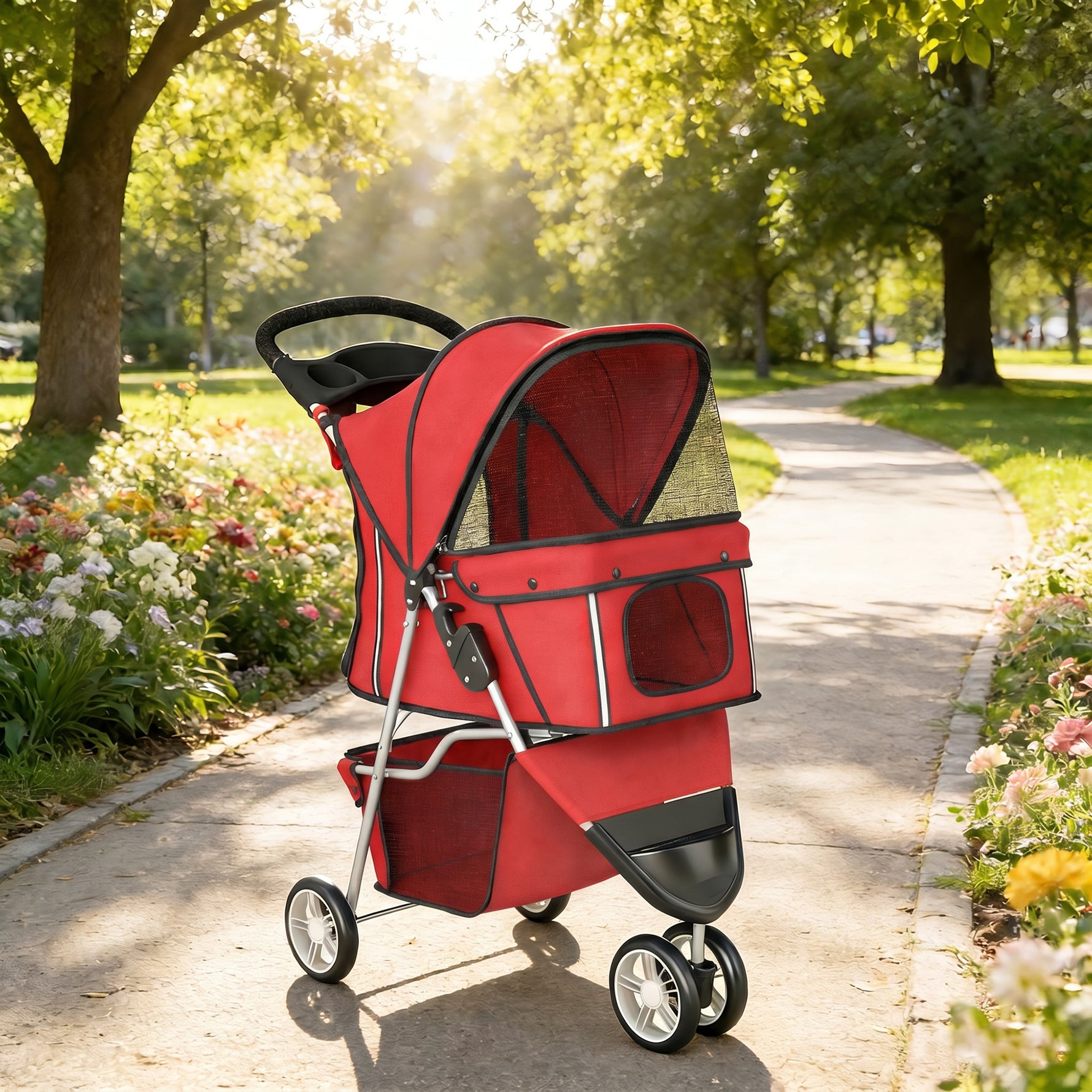 Poussette pour Chien 4 Roues, Chariot Pliable avec Auvent Réglable, Panier de Rangement, 77x44x102cm, Rouge