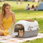 Transportbox für Katzen und Hunde, Transportkäfig mit Stahltür, Futternapf, 49 x 32 x 31 cm, Grau und Creme