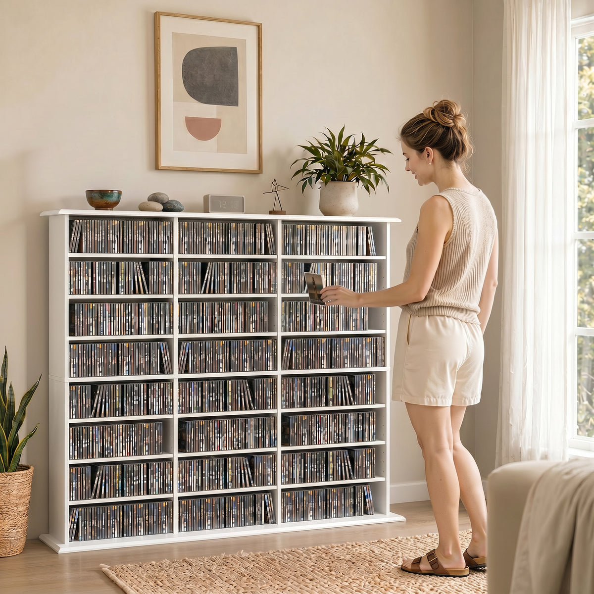 Meuble de rangement 1032 CDs / 594 DVDs, étagère multimédia, 24 compartiments et 18 étagères ajustables, blanc