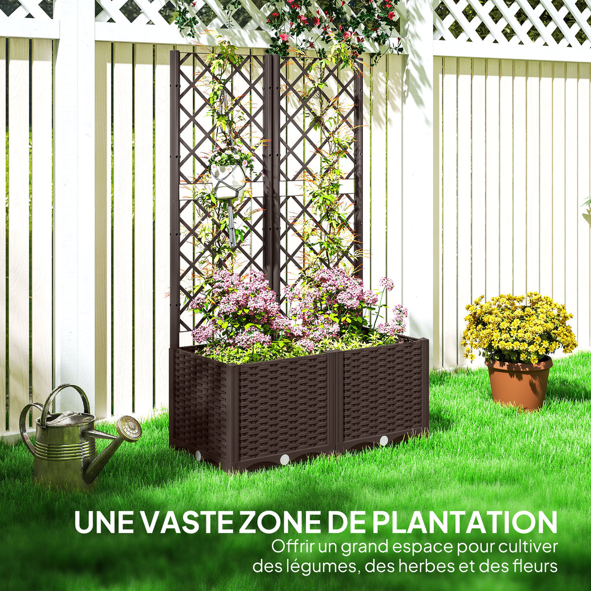 Jardinière avec treillis lit surélevé de jardin jardinière extérieure avec 6 trous de drainage 80 x 40 x 135 cm marron