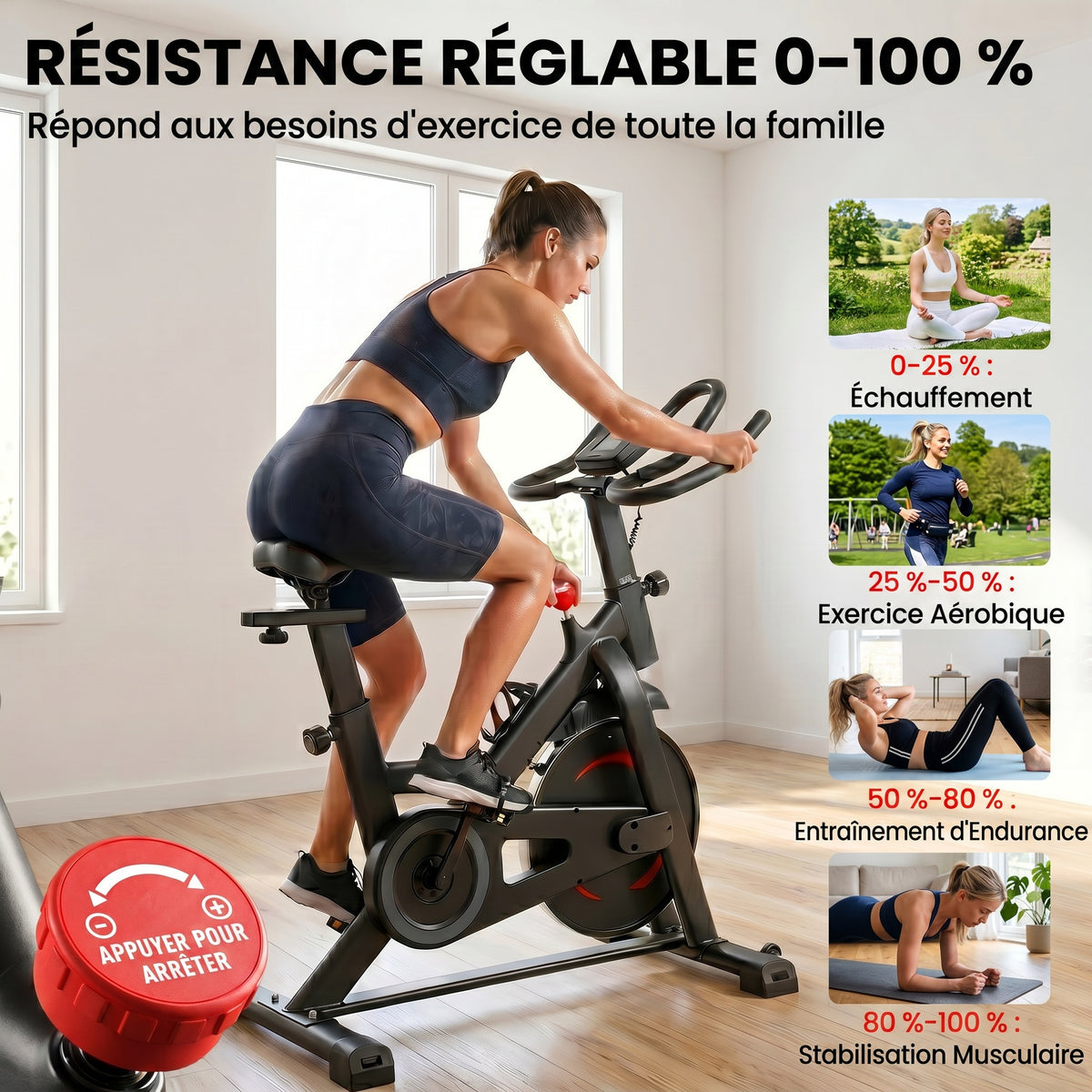 Vélo d'Appartement Silencieux avec Résistance Magnétique Réglable, APP Connectez, Écran LCD, 111,5x52,5x114,5cm, Noir