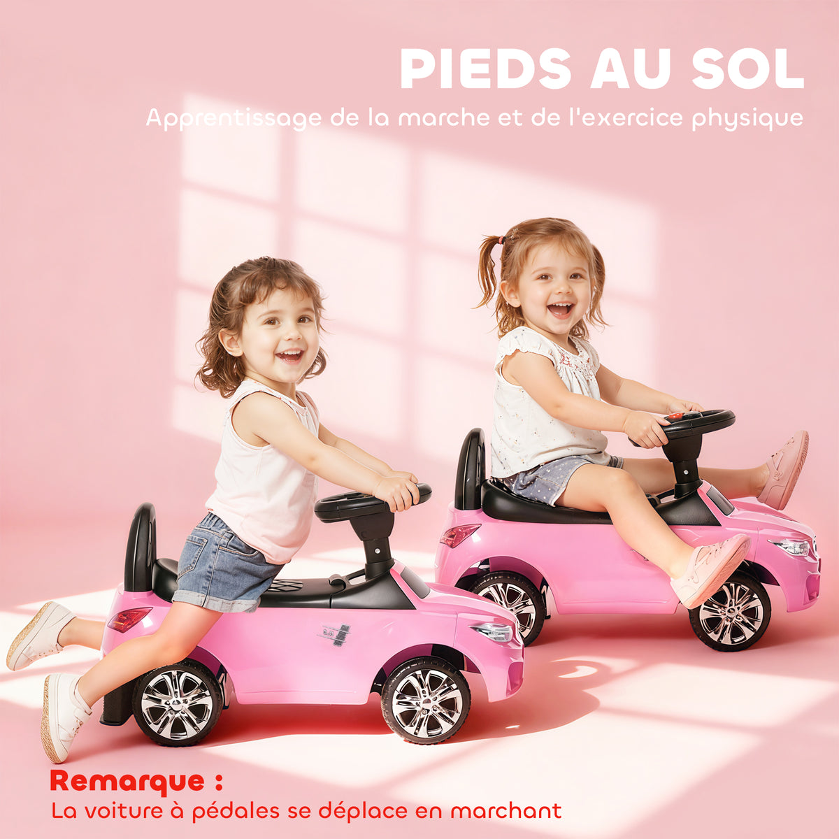 Porteur enfants voiture, véhicule à pousser avec coffre à jouets, klaxon, phares et musique, 63,5 x 28 x 36 cm, rose