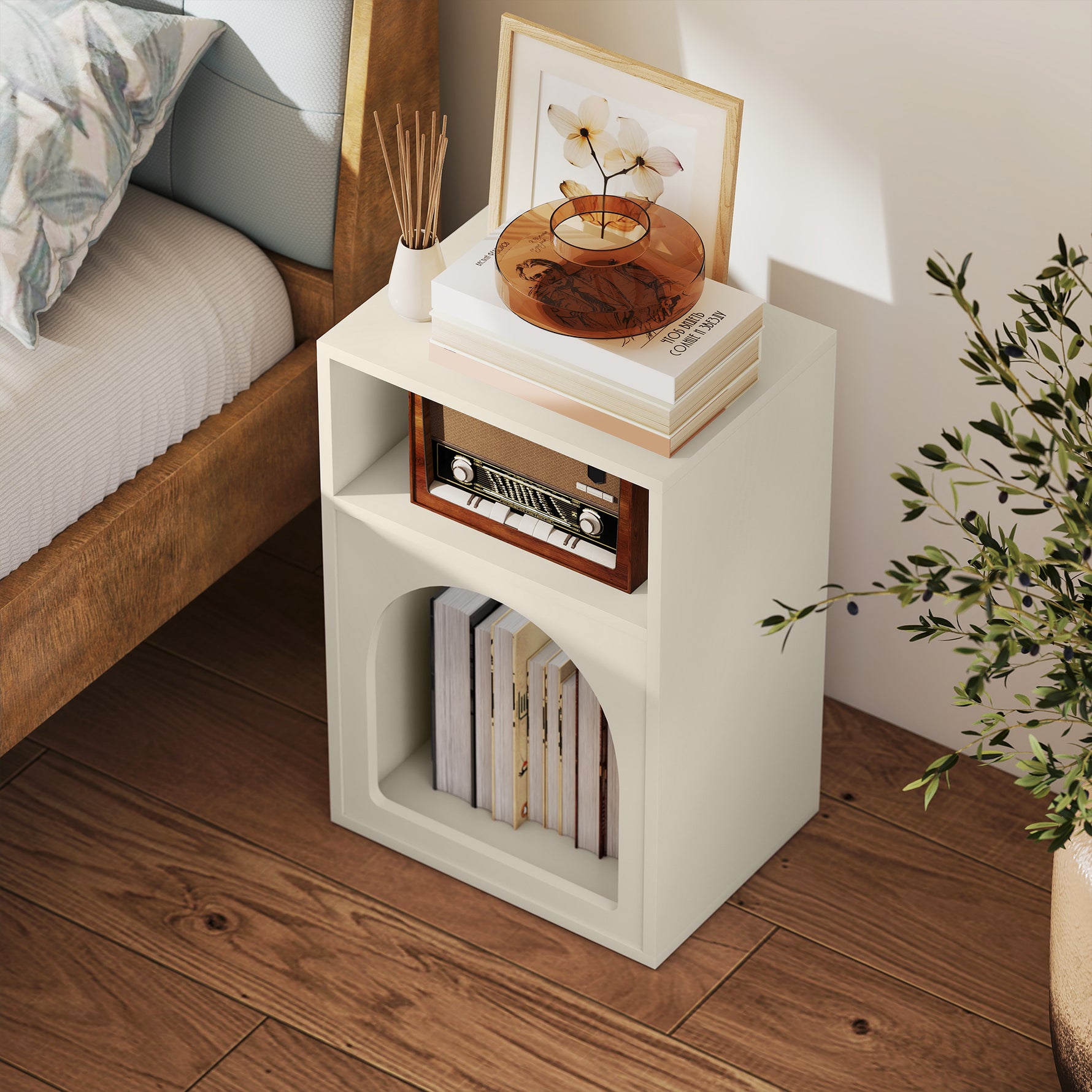 Lot de 2 tables de chevet, table de nuit avec compartiments ouverts, design arqué, 40 x 30 x 60 cm, crème