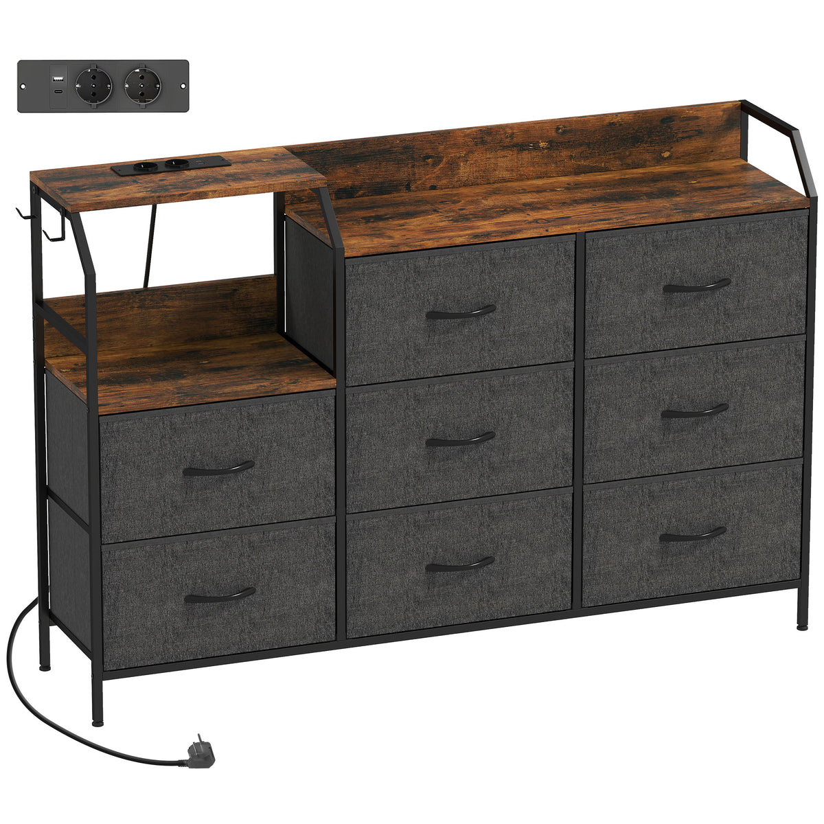 Commode, meuble de rangement avec station de recharge, 8 tiroirs en tissu, étagère ouverte, 130,5x30x88cm, marron