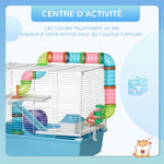 Cage à hamster rat rongeur 3 niveaux avec tunnel, biberon eau, roue, maisonnette, échelles dim. 59L x 36l x 47H cm