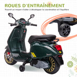 Scooter électrique enfant Vespa 6 V dim. 107L x 47l x 73H cm Musique MP3 Port USB Phare 2 roues d'entraînement - Vert