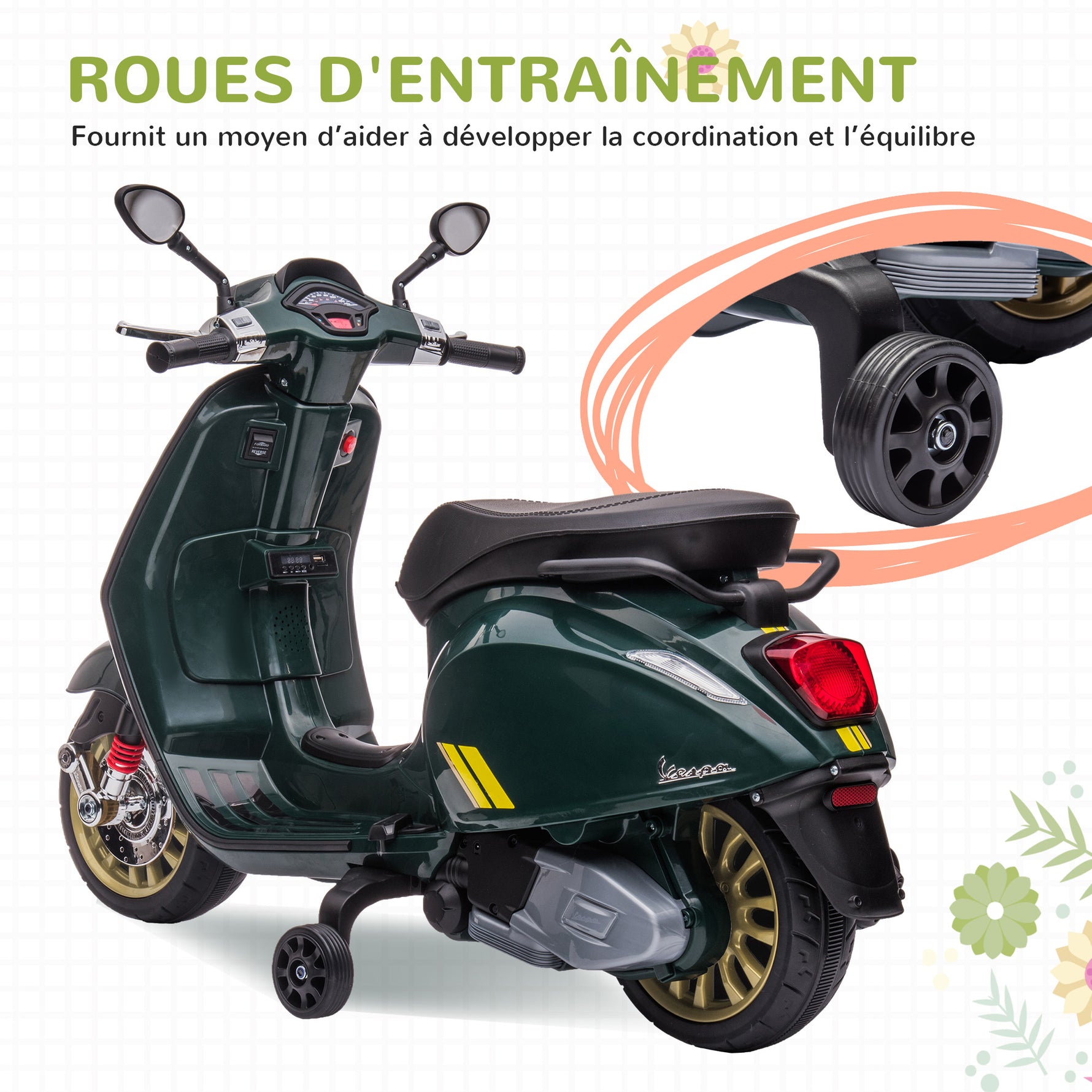 Scooter électrique enfant Vespa 6 V dim. 107L x 47l x 73H cm Musique MP3 Port USB Phare 2 roues d'entraînement - Vert