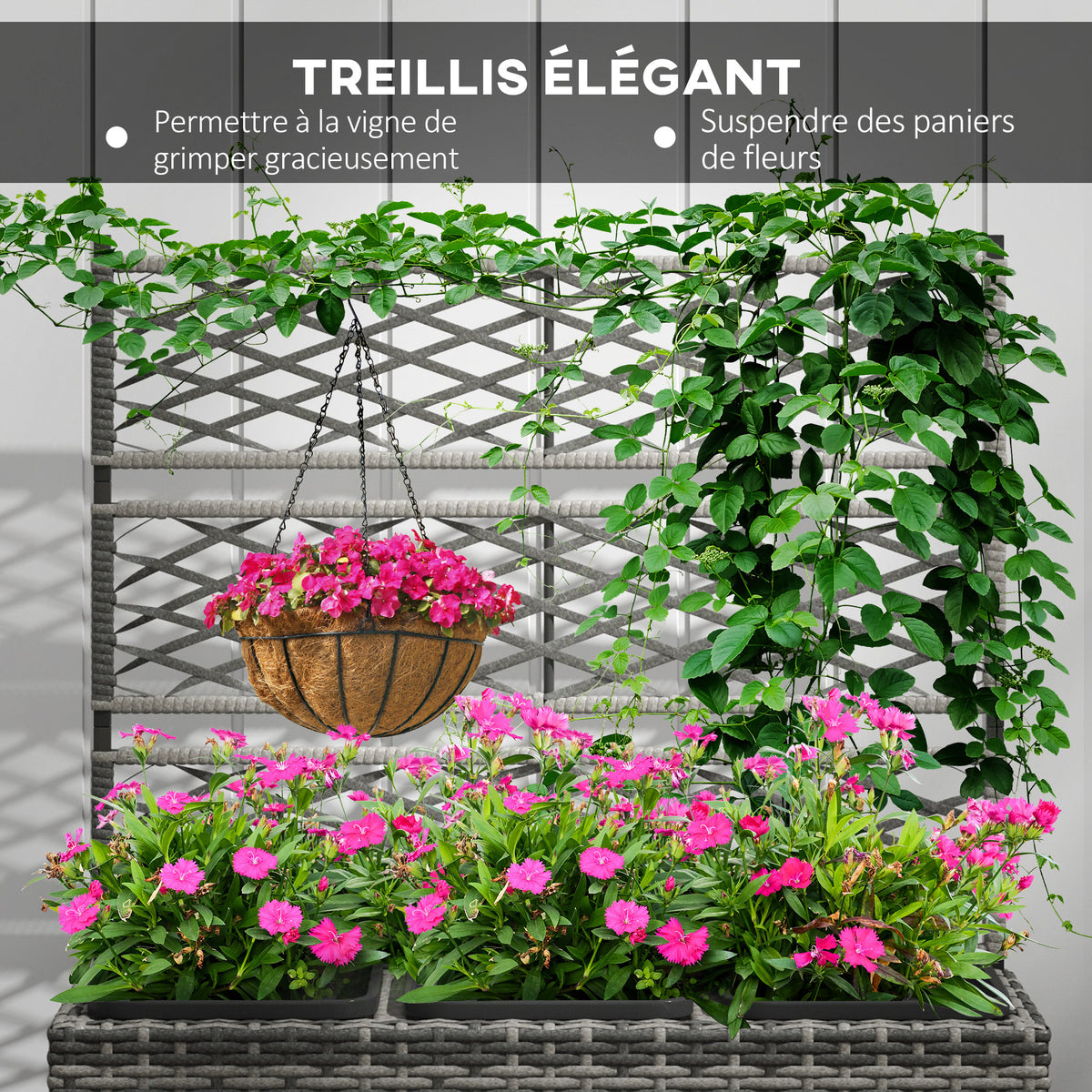 Jardinière pour plantes avec treillis 3 bacs à plante 33L en résine tressée et acier dim. 84L x 30L x 107H cm