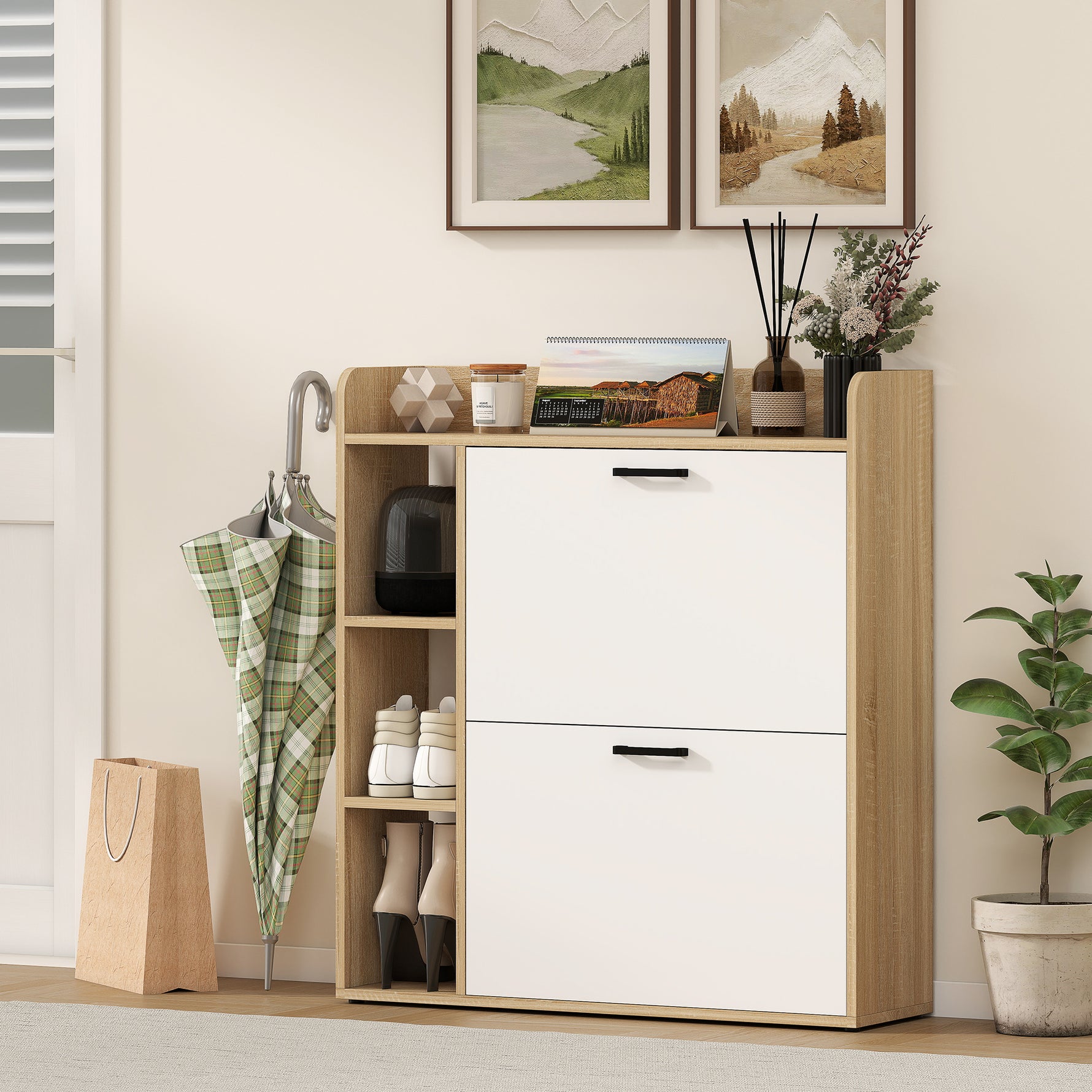 Meuble à chaussures 15 paires, armoire à chaussures moderne avec 2 tiroirs rabattables, 83x24x90,5cm, effet bois naturel