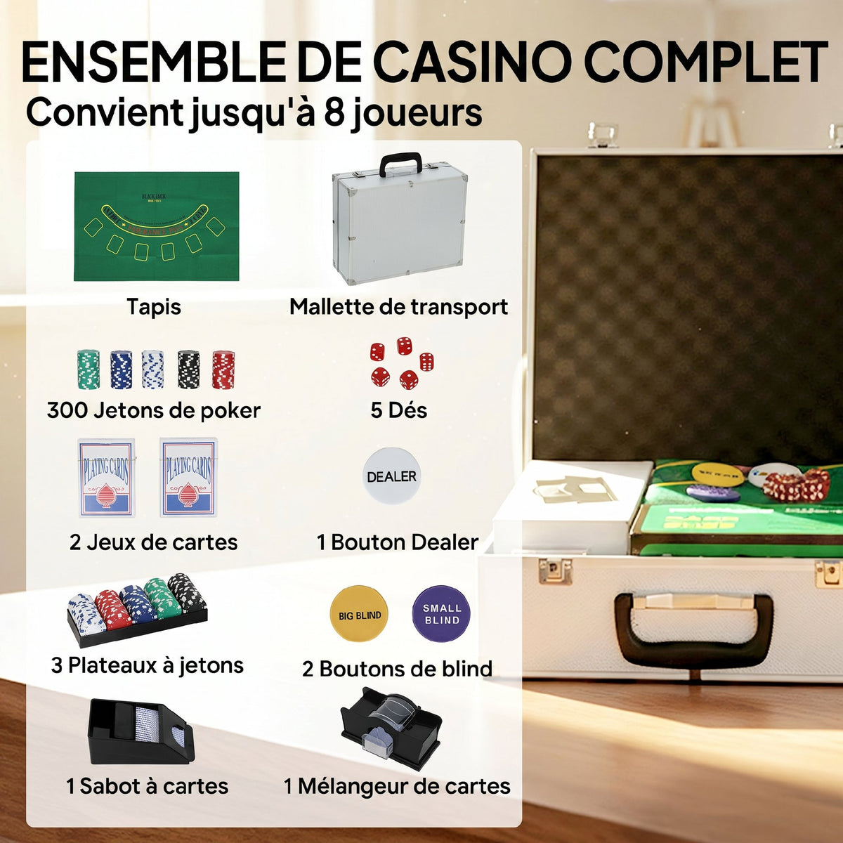 Pokerkoffer Komplettes Poker-Set 300 Jetons, Spielkarten, Würfel, Dealer-Button, Spielmatte, Schlüssel, ABS-Gehäuse, Silber
