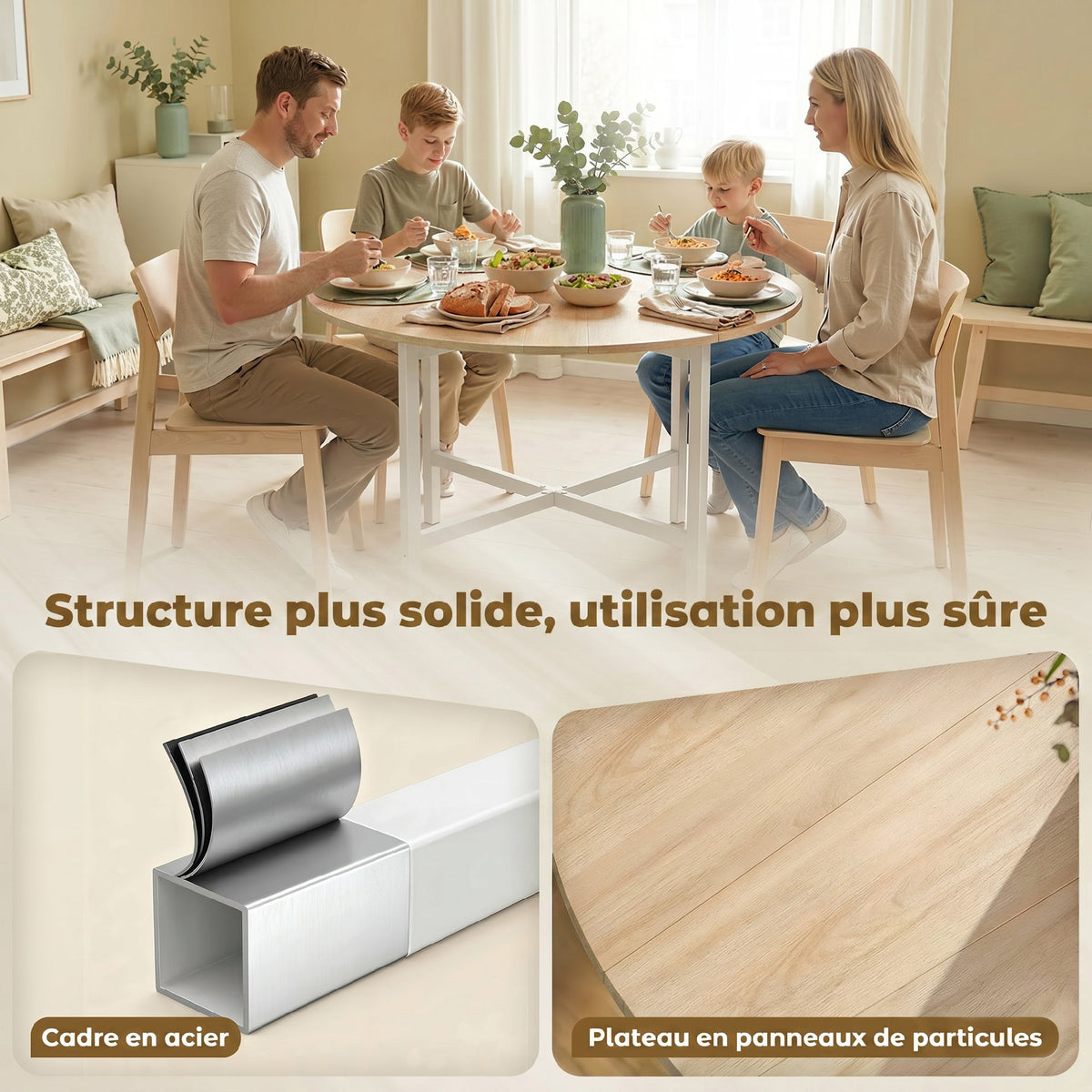 Tavolo da pranzo pieghevole, tavolo da cucina rotondo Ø 80 cm per 4 persone con 2 ribalte, gambe in acciaio, legno naturale