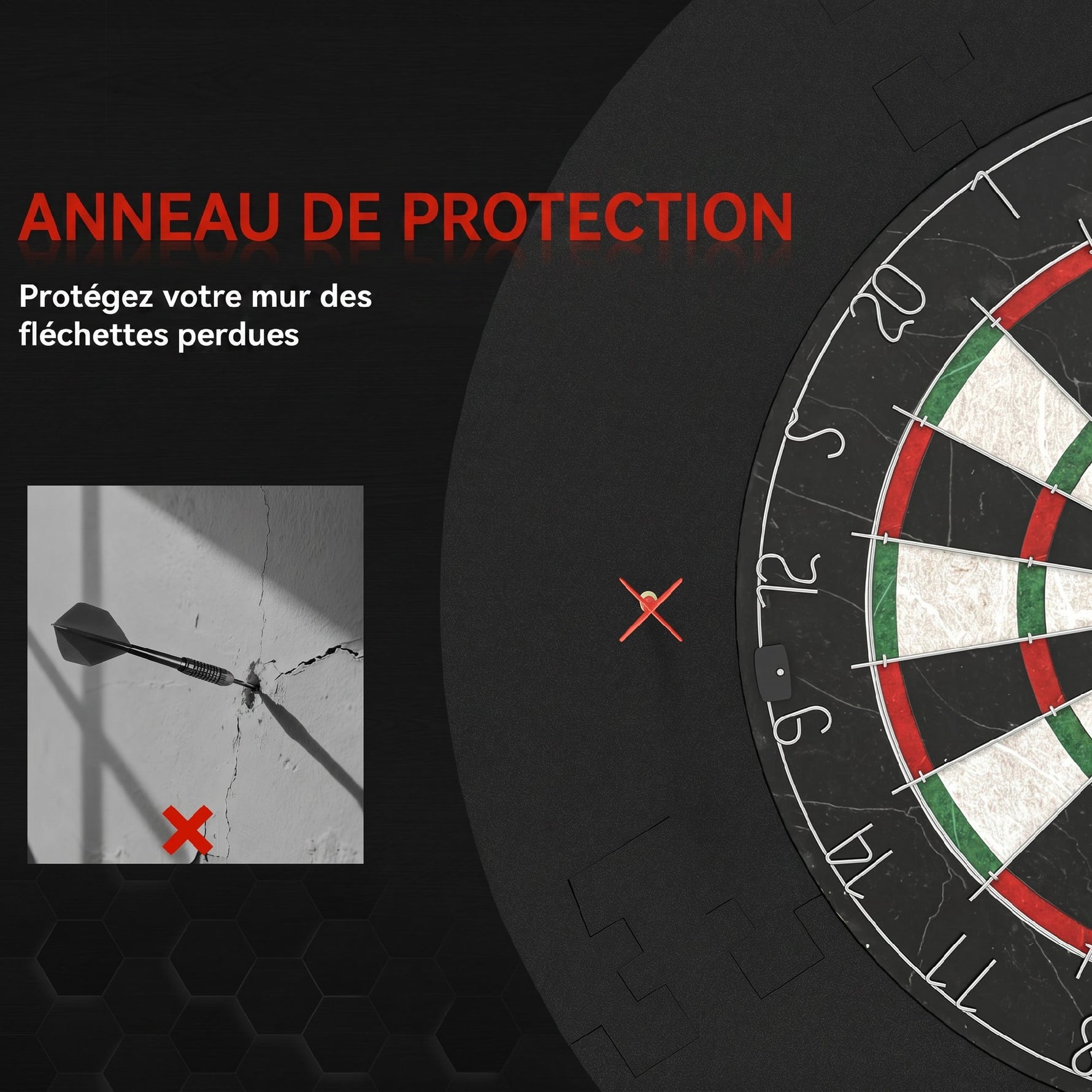 Cible de Fléchettes en Sisal Professionnelle avec Anneau de Protection EVA et 6 Fléchettes Pointe, Ø71,5x3,8cm, Noir