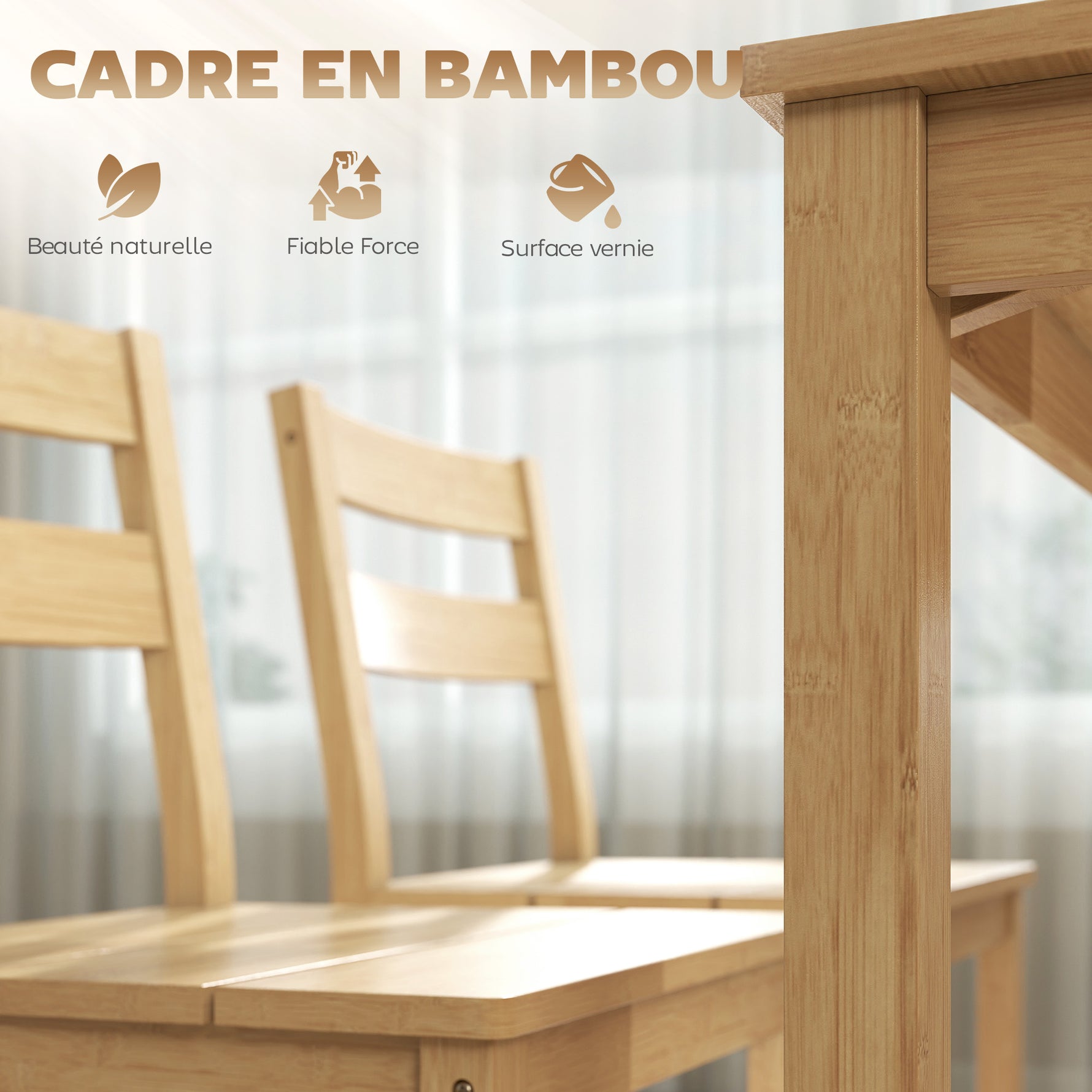 Ensemble de salle à manger en bambou, table à manger avec 2 chaises et banc pour 4 personnes, bois naturel