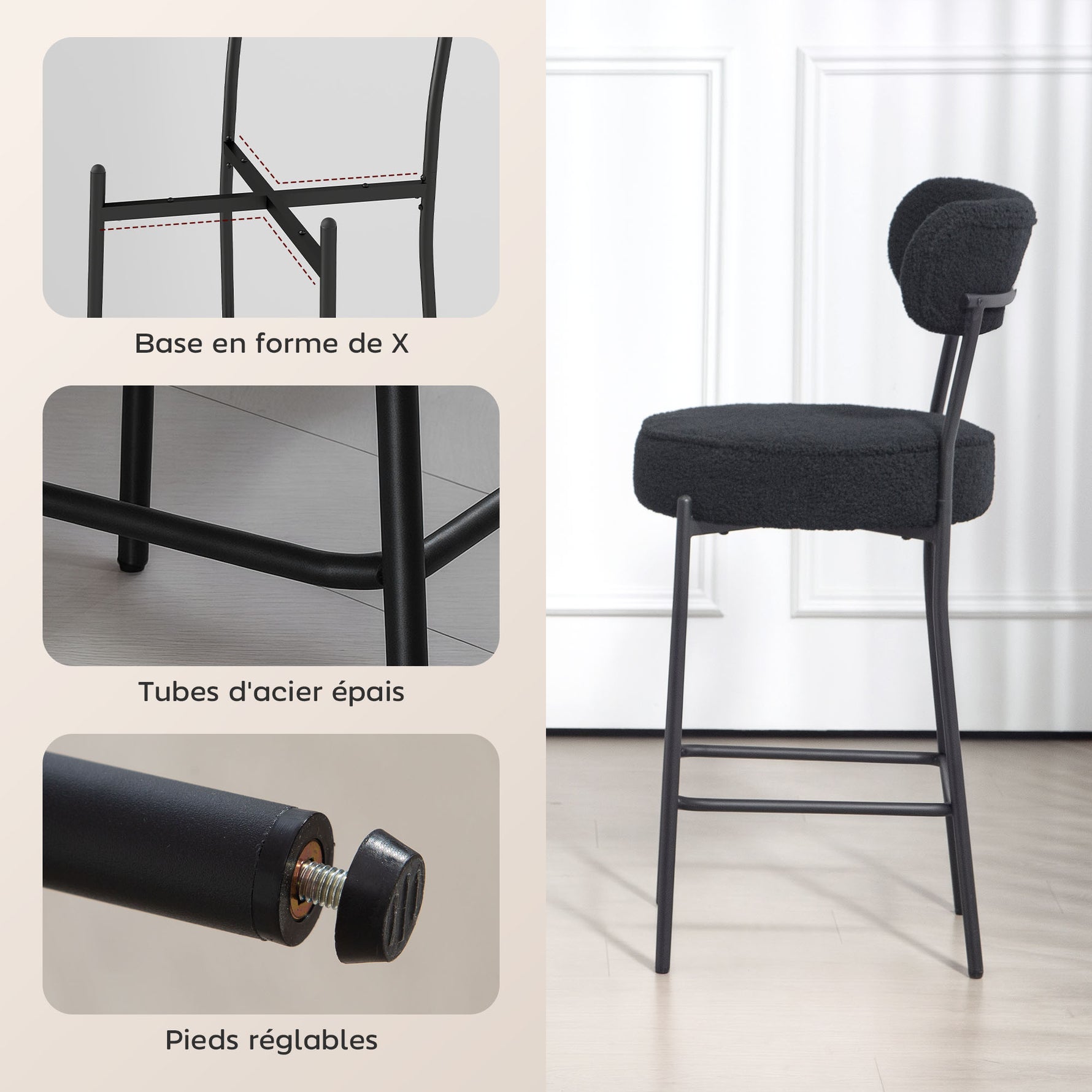 Lot de 2 tabourets de bar en tissu bouclette, chaises de bar avec dossier courbé, repose-pieds, 49x52x95cm, noir