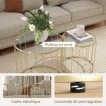Lot de 2 tables basses gigognes rondes modernes avec cadre en métal et plateau en verre, ton doré