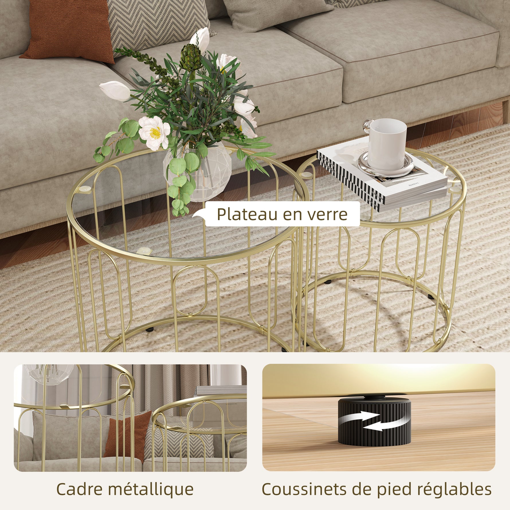 Lot de 2 tables basses gigognes rondes modernes avec cadre en métal et plateau en verre, ton doré