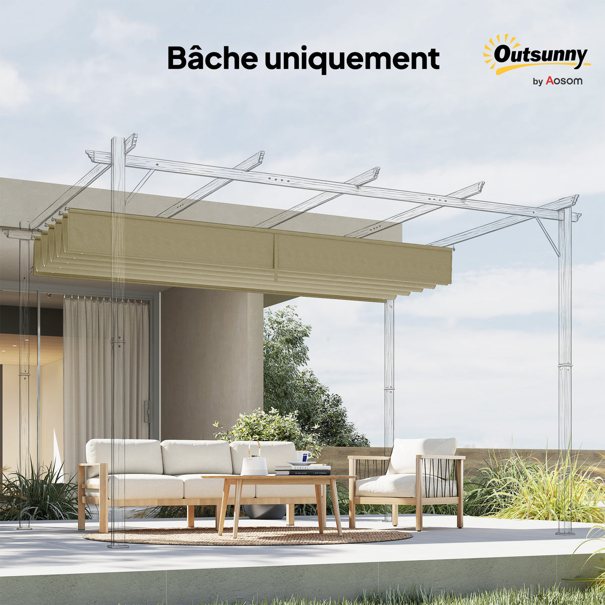 Toile de toit pour pergola tonnelle rétractable de 3 x 3 m - toile uniquement 250 x 255 cm beige