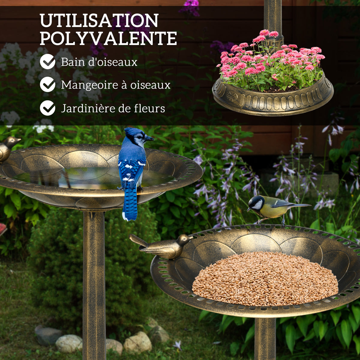 Bain d'oiseaux Abreuvoir, mangeoire pour Oiseaux jardinière 2 en 1 dim. Ø 50 x 72H cm polypropylène Bronze Antique