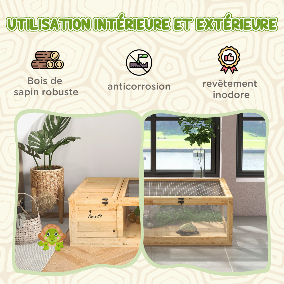 Maison enclos cage habitat pour petit animal tortues avec 2 espaces 91 x 60,5 x 32 cm bois massif jaune clair