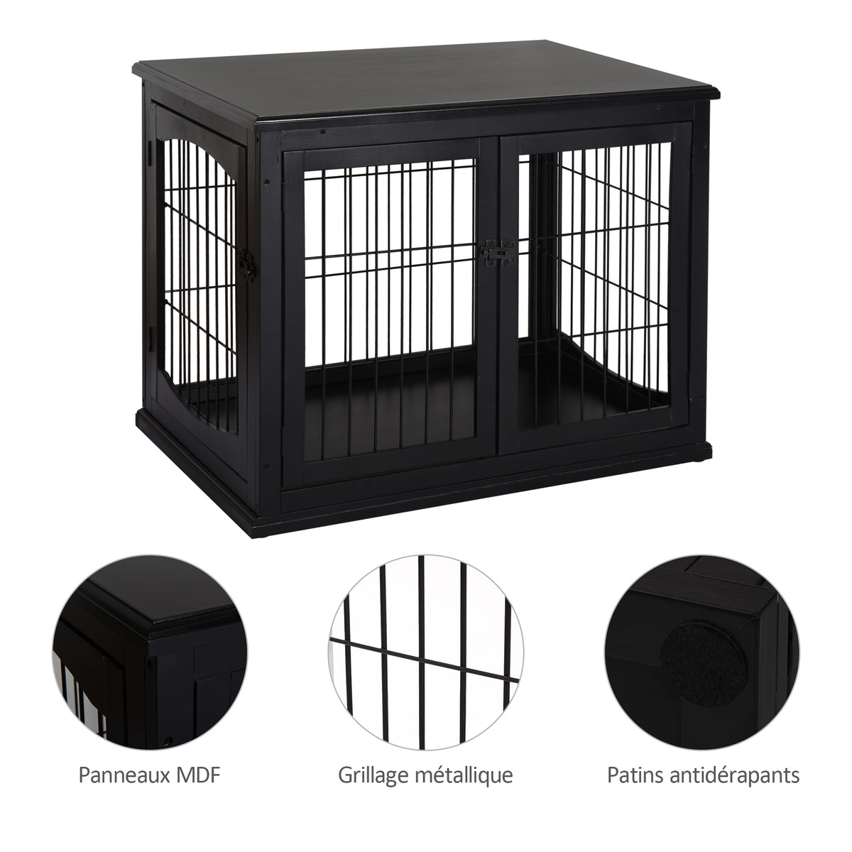 Cage pour chien animaux meuble cage chien intérieur en bois MDF classe E1 3 portes verrouillables max. 30 Kg dim. 81L x 58l x 66H cm noir