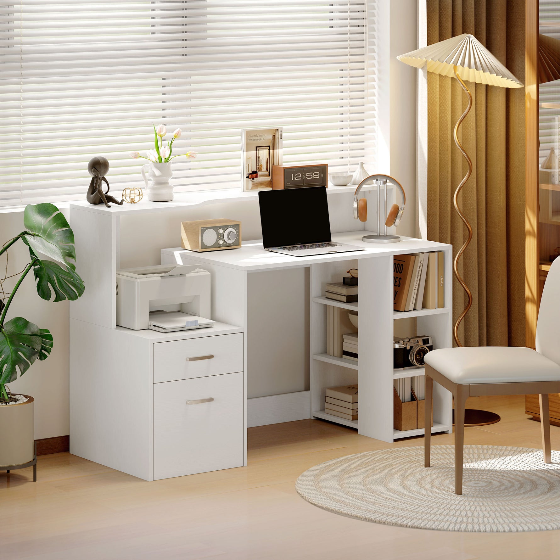 Bureau informatique, bureau avec rangement, 2 tiroirs, étagères ouvertes et tablette d'imprimante, 137x55x92cm, blanc