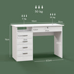 Bureau moderne avec 5 tiroirs, grand plateau, 1 compartiment ouvert, tiroir verrouillable, 110 x 50 x 76cm, blanc