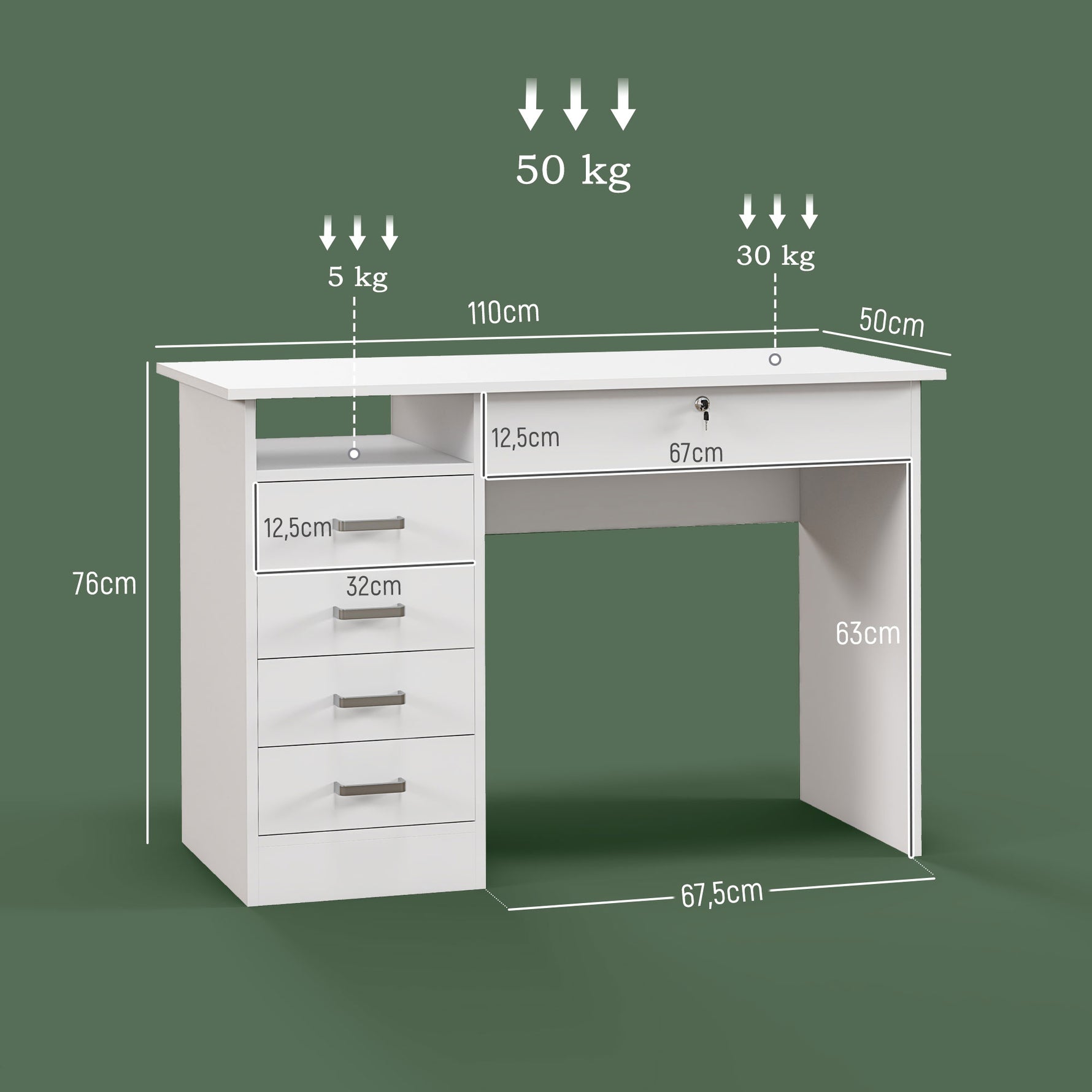 Bureau moderne avec 5 tiroirs, grand plateau, 1 compartiment ouvert, tiroir verrouillable, 110 x 50 x 76cm, blanc