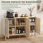 Buffet cuisine, meuble de rangement nordique, 3 portes à fermeture douce, 6 compartiments, bois naturel et blanc